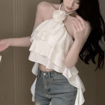 로즈 홀터넥 프릴 날개 캉캉 블라우스 탑 티셔츠 화이트 핑크 소라 블랙