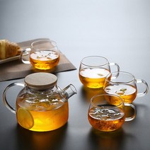 투명 유리 찻주전자 컵 세트 1L/1.8L 내열성 대용량 꽃 차 레모네이드 물병 쿵푸 5 개, 01 1000ml 5pcs Set