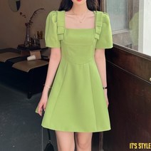 미미앤느 [L-4XL] 스퀘어넥 허리 슬림 어깨 포인트 그린 여름 반팔 미니원피스 111020