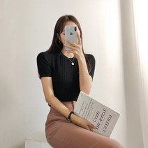 요시아나 [당일발송] 부드러운 쁘띠 블랙 골지 반팔 니트