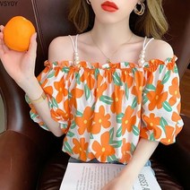 VSYOY 프렌치 오프숄더 쉬폰 플라워 셔츠