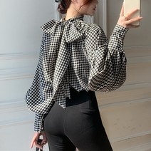 티티웍스 리본넥 퍼프 소매 하운드투스 체크 패턴 긴팔 블라우스 하운드블라우스