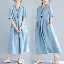 패스타임 여성 린넨 자카드 루즈핏 오버핏 무지 라운드 반팔 치맛자락 원피스