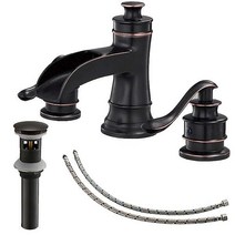 BATHLAVISH 욕실 수도꼭지 3홀 오일 러브드 브론즈 싱크대용 폭포 와이드 스프레드 20 3cm(8인치) 2 핸들 농가 오버플로우 화장대 세면대 화장실 상업용 및 부품 포함, With Pop Up Drain_브론즈