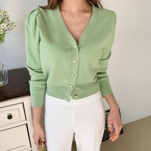 여자 파스텔 진주버튼 바이올렛 셔링 브이넥 가디건