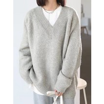 박시니트원 겨울 가을 하프기장 CHIC 심플 와이드 루즈핏 솔리드 무지 브이넥 소프트 풀오버 후드 3953286978, 기타 사이즈, 그레이 XL
