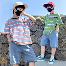 베비포 남아용 배색 줄무늬 5부 청반바지 상하복 세트 BT3