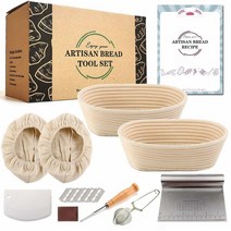 LDG 25.4 cm 타원형 빵 방지 바구니 9개 세트 제작 도구 및 소모품 포함 메쉬 체 베이킹 고리버들 볼 천 라이너 스테인리스 스틸 스크레이퍼 레임 및 레시피 매뉴얼 (라탄, Two 10 Inch Oval Set (9pcs)