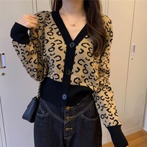 넷투넷코리아 여성 가디건 브이넥 루즈 기본 레오파드 니트 티셔츠