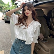 D714 브이넥 프릴러플 레이스 화이트 상큼발랄 큐티 블라우스