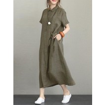 비치원피스 휴양지원피스 여름 새로운 숙녀 느슨한 드레스 솔리드 컬러 코튼 린넨 옷깃 반팔 복장 여성의
