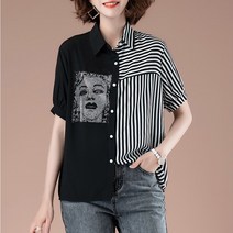 여성용 빅사이즈 여름 카라넥 큐빅 스트라이프 반팔 셔츠