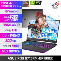 ASUS ROG G713RM-BR169ED 게이밍노트북 R7-6800H/RTX3060/램16G/SSD 1T/WQHD/워런티 2년, Free DOS, 16GB, 1TB, 라이젠7 6800H, 이클립스 그레이