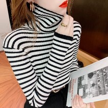 그린스트라이프 겨울 가을 목폴라 줄무늬 긴 소매 스웨터니트셔츠 여성 클래식 이너웨어 스키니핏 상의 3349327154