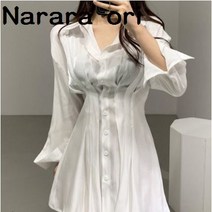 나라라오리 실키 허리 핀턱 아일렛 셔츠 원피스