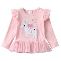 화이트블루 VIKITA-소녀 코튼 티셔츠 유니콘 자수 긴 소매 티셔츠 동물 의류 가을/봄 만화 티셔츠