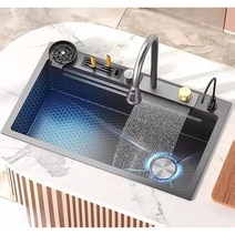 폭포 수전 싱크대 블랙 나노 스틸 가정용 주방 인테리어 채소 과이 씻는, H. 블랙나노75x45+비누디스펜서+컵와셔
