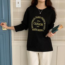 티탁 여성 데일리 기본핏 라운드넥 배색 레터링 프린팅 린넨 긴팔 티셔츠 TTCB42