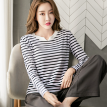 베씨 여성 빅사이즈 뉴포인트넥 스트라이프 긴팔티셔츠 여자