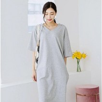 헤링본 여성 여름 롱 후드원피스 브이넥 반팔 루즈핏 빅사이즈 데일리 홈웨어 캐주얼 HE079