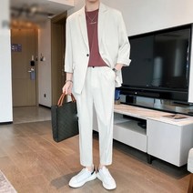 남성 봄 여름 캐주얼 정장 댄디 오피스룩 신입사원 원버튼 루즈핏 상하 2종세트 연예인룩