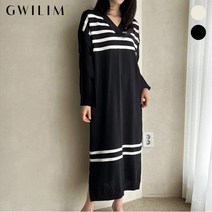 (귈림)[88까지] 브이넥 스트라이프 배색 니트 롱 원피스(GAFOP034P)
