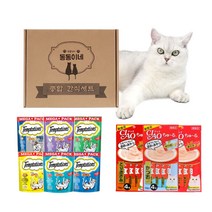 희동이네 고양이 간식 츄르4p 3종(참치 가다랑어 닭가슴살)+템테이션 160g 랜덤 3종 선물세트 고양이가 잘먹는 맛있는 영양 간식