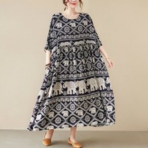 린넨 아일렛 봄 여름 가을 원피스 대형 빈티지 코끼리 꽃 비치 드레스 여성을위한 숙녀 긴 여성