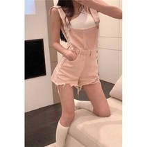 데님점프수트 여자멜빵바지 오버롤 점프 슈트 여성 데님 핑크 오버올 캐주얼 서스펜더 롬퍼 솔리드 버튼 팬츠