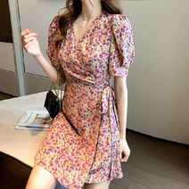 미즈우드 슈퍼 센덴 허리 스키니 V-넥 꽃 원피스 대형 스윙 짧은 소매 드레스 여성