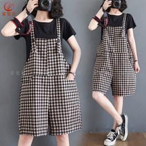 셀럽당 여성 멜빵바지 반바지 여름 와이드 체크 점프슈트 와이드 5부 팬츠