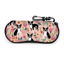 안경 케이스 초경량 휴대용 여행용 지퍼 카라비너 선글라스 케이스 포함 남성 및 여성용 보스턴 테리어 강아지 애완 동물 귀여운 개 빈티지 꽃 핀 안경 케이스 One Size