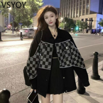 vsyoy 카우보이 코트 여성의 봄과 가을 올 매치 바둑판 디자인 느낌 작은 조수