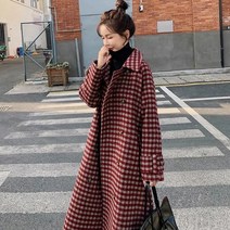 체크 모직 아우터 여성중 롱 2022 겨울 한판 루즈하게 허리를 접고 유행하는 모직 코트를 두껍게 합니다