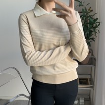 오오엘 여성용 간절기 스트라이프 데이즈 단 카라 니트