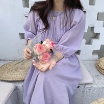 빅 사이즈 라벤더 셔링 퍼프 소매 여자 반팔 미디 꾸안꾸 쉬폰 원피스 이너 포함