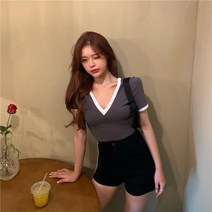 SJW 봄 여름 여성 반팔티 배색 브이넥 슬림핏 티셔츠 상의 캐주얼 빅사이즈 M~4XL