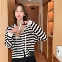 새는 것을 줍다 전문점 철회함 줄무늬 레쉬 에어컨 이너니트 여성 여름옷 보이핏 볼륨 에어매쉬 가디건