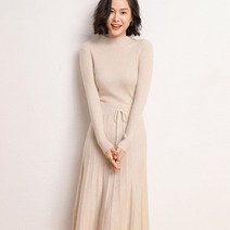 유에스 여성원피스 중년원피스 반폴라 니트 원피스 여 미디 슬림 무릎라인 울 플리츠스커트
