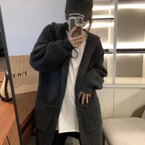 크림 와이넥 니트후드롱가디건 모헤어 패딩 롱니트 루즈핏 가디건 노버튼 니트 앞여밈롱후드니트가디건 사랑해요 스웨터