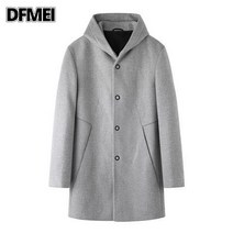 DFMEI 남성 울 코트 가을 겨울 후드 싱글 모직 코트