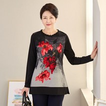 로즈맘 론지패턴기모티셔츠 엄마티셔츠 중년여성티 50대여성티셔츠