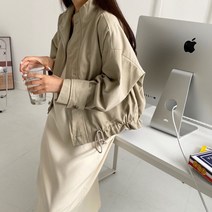 웰메이드 여성 봄 루즈핏 크롭 숏 데일리 트렌치 스트링 야상 자켓
