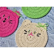 (핸드메이드)티코스터 컵받침 집들이 선물 축하 생일 기념 고양이 캐롤공방 답례품 기념품 수제 뜨개질 코바늘, 베이지
