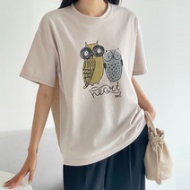 봄 여름 50대 미시 엄마옷 세련된 클래식룩 부엉이 패턴 배색 밑단 밴딩 루즈핏 반팔 티셔츠