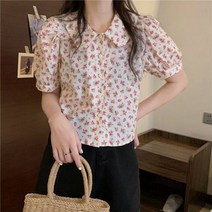 플라워 블라우스 꽃무늬 셔츠 여성 반팔 퍼프소매 크롭 캐주얼 스타일