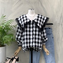 행복여[신상무배]허쉬 레이스 배색 빅 세라 카라 고방 체크 블라우스