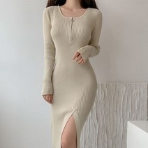 [이꾸띠] 헤틸리 여성 봄 가을 스퀘어넥 집업 앞트임 h라인 4컬러 폴리 니트 원피스
