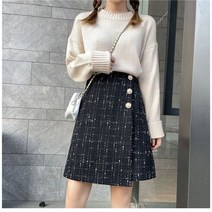 FANSYLI 빅사이즈 반신 A라인 스커트 언발란스 밑단 트위드 스커트 가을 겨울 하이웨이스트 통근 H스커트 X8A5