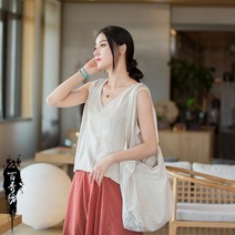 여성 여름 브이넥 린넨 캐주얼 시원한 면마 민소매 린넨나시티 이너티 민소매블라우스